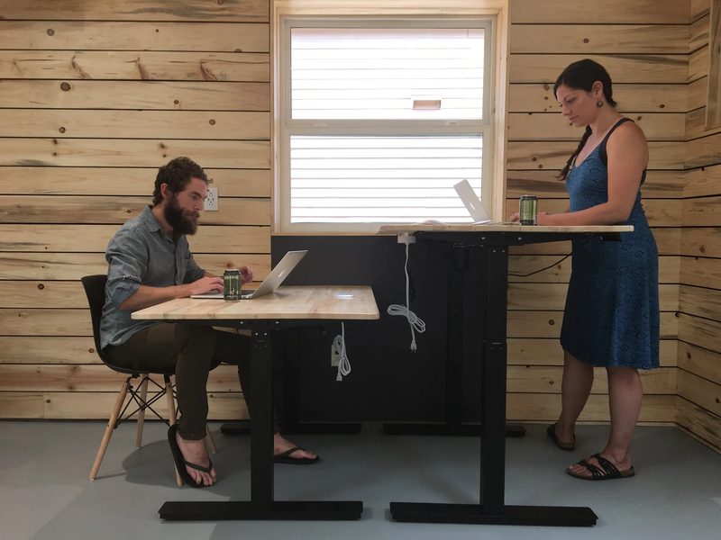 Two members at adjustable sit-stand desks in The Coop, one seated and one standing, against a wood-paneled wall.